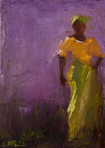 abstract figurative, contemporary artwork, tribal art, African American woman, oil painting, purple, shelby mcquilkin, art for sale