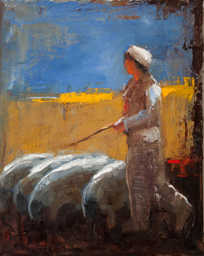 abstract figurative painting, contemporary artwork, shepher, sheep, textured artwork, blue, boy and sheep, 