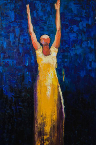 abstract figurative, contemporary artwork, spiritual artwork, reaching, shelby mcquilkin, blue, artwork for sale, original artwork, woman, 