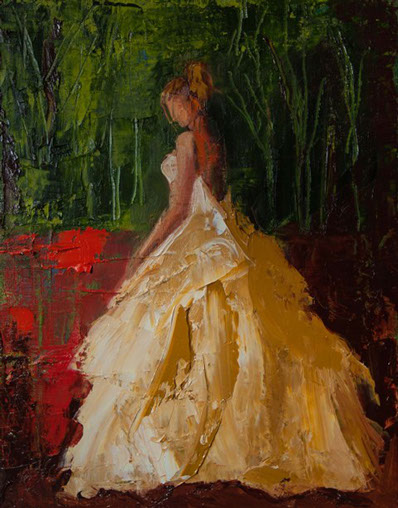 abstract figurative painting, woman in long dress, ball gown, elegant, beauty, contemporary artwork, textured painting, 