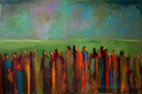 abstract figurative painting, contemporary artwork, group of people, green, colorful art, shelby mcquilkin, never alone, original artwork