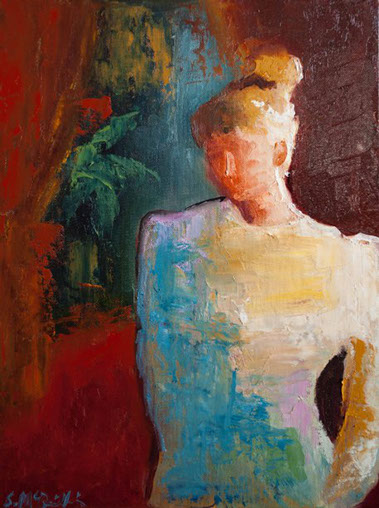 abstract figurative painting, contemporary artwork, woman, Victorian, shelby mcquilkin, original artwork, red, 