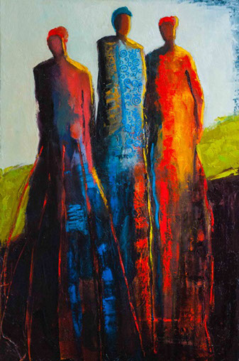 abstract figurative painting, oil painting, shelby mcquilkin, contemporary artwork, three women, friendship, tribal artwork, spiritual artwork, 