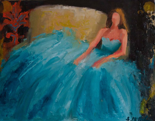 abstract figurative painting, contemporary artwork, shelby mcquilkin, art for sale, beauty, blue dress, sitting pretty,